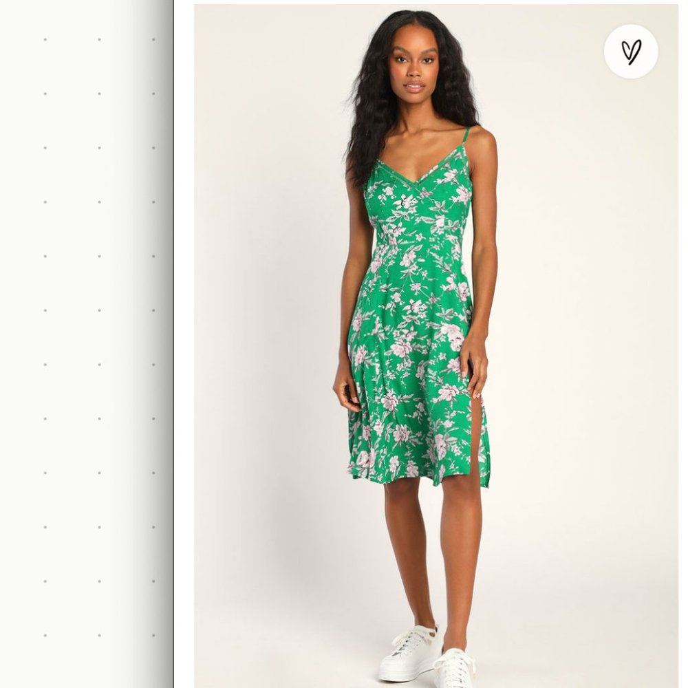 Lulus Green Floral Print Midi Dress (Size S)